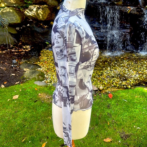 GUESS SHEER BLACK & WHITE MODEL PRINTS  LONG SLEEVE TOP - S - NWT !! 🖤💋🤍🔥 - Picture 7 of 12